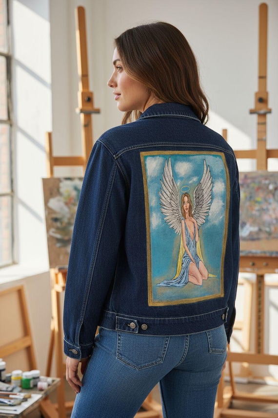 Angel Denim Jacket • Hand Painted Jean Jacket with Angel Wings • Unique Women’s Denim Art • Custom Painted Clothing Gift