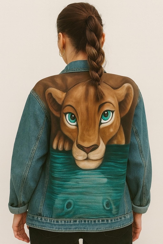 Hand-Painted Lionesa Denim Jacket- Custom Handmade Jean Jacket for Women. Animal Spirit Art Unique Gift