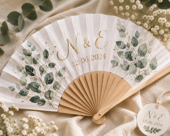 Personalized Eucalyptus Wedding Fan | Hand Painted Fabric Bridal Fan | Custom Wooden Fan | Wedding Guest Gift