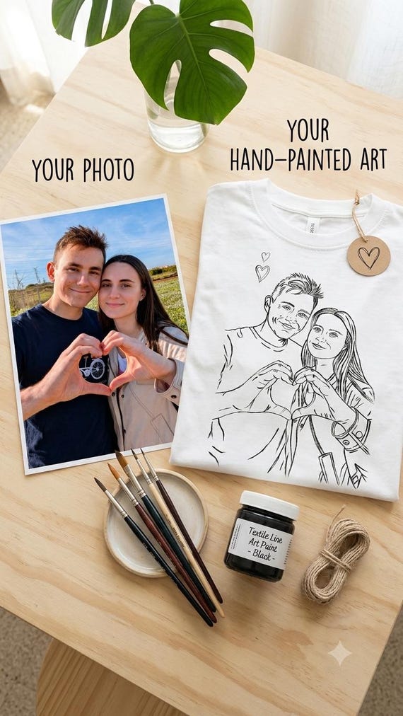 Custom Photo Portrait T-Shirt, Hand Painted Line Art Shirt from Photo, Personalized Couple Outline Tee, Anniversary Gift, Custom Family Port