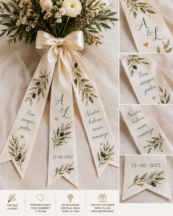 Personalized Bridal Bouquet Ribbon, Hand Painted Olive Branch Wedding Ribbon, Custom Names and Date, Wedding Keepsake, Wedding Gift