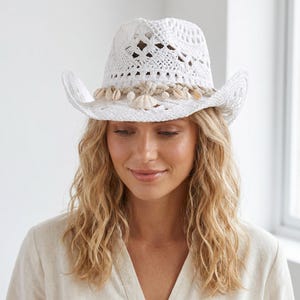 Sombrero vaquero de paja para mujer, decoración de conchas, sombrero de playa para el sol, sombrero Panamá de verano tejido a mano, estilo bohemio, occidental, para vacaciones, festivales, gorra de ala ancha, regalo