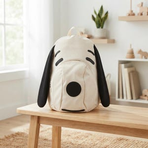 Kawaii Snoopy-inspirerad ryggsäck med 3D-öron, söt kanvasskolväska, estetisk laptopryggsäck, resedagsryggsäck, present till studenter