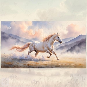 Cavallo leggero in una valle di montagna – Dipinto ad acquerello di un cavallo nella nebbia mattutina, arte naturalistica digitale, poster in stile scandinavo. 3 JPG
