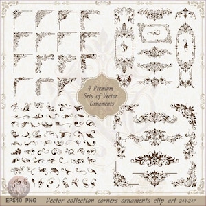Vektor Elegante Rahmen, Ecken, Ornament EPS und Golden PNG Teil2. 1 EPS10 4 Sets schwarz auf hellem Hintergrund. 4 PNG 3000x3000