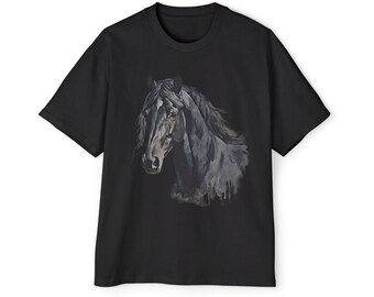 Oversized Black Horse T-Shirt | Heavy Cotton Boxy Fit Tee, Western Animal Graphic Shirt, Unisex Streetwear