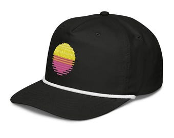 Retro Pixel Sunset Golf Rope Cap – Vintage Snapback Hat, 80s Vaporwave Style, Adjustable Cotton Nylon Cap