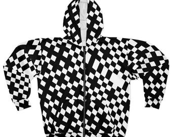 Black & White Geometric Zip-Up Hoodie Unisex Custom All-Over Print Fleece Jacket, Winter Streetwear