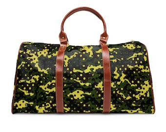 Camouflage Travel Duffle Bag  Waterproof Weekender with Leather Straps & Shoulder Strap