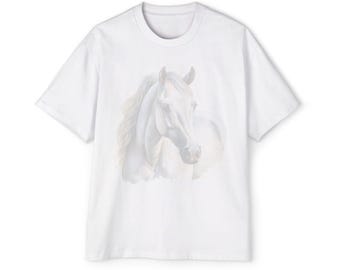 Oversized White Horse T-Shirt | Heavy Cotton Boxy Fit Tee, Western Animal Graphic Shirt, Unisex Streetwear