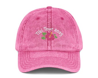Pink Tiki Tour 2025 Vintage Dad Hat | Distressed Cotton Twill Cap, Hibiscus Embroidery, Retro Festival Hat, Summer Travel Gift