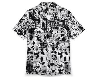 Button-Down Shirt, Noir Rose Black White Roses Checkered Design, Tropical Floral Print Aloha Shirt, Hawaiian Beach Party Attire, Summer