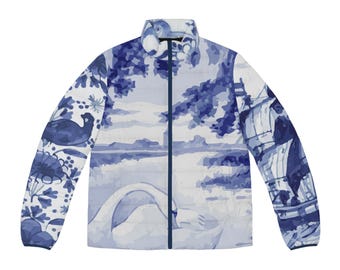 Blue Toile Print Puffer Jacket for Men and Women Quilted Winter Coat with Stand Collar