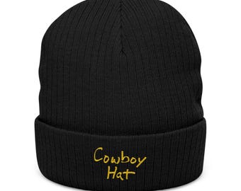 Embroidered Cowboy Hat Beanie: Ribbed Knit Cuffed Recycled Winter Cap