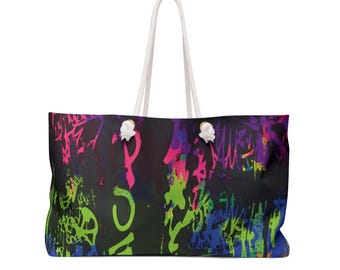 Weekender Bag, Neon Graffiti Print, Travel Duffle, Overnight Tote, Weekend Getaway, Urban Street Style, Fashionable Luggage