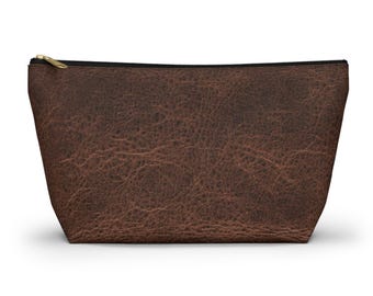 Faux Leather Travel Pouch Rustic Brown T-Bottom Makeup or Pencil Bag with Zipper