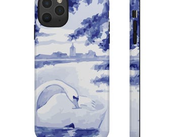 Blue Swan Lake Toile Tough Phone Case Vintage Scenic Dual Layer Cover