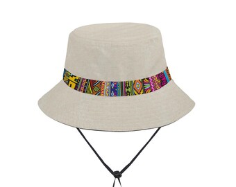 Beige Boonie Sun Hat with Colorful Tribal Band  Foldable Wide Brim Hat for Hiking