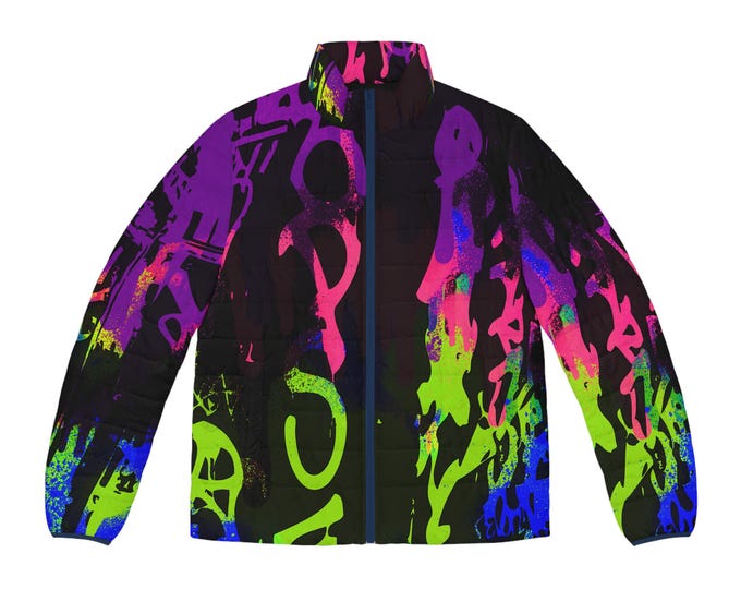 Featured listing image: Graffiti Puffer Jacket Streetwear Style Unisex Quilted Winter Coat with Neon Spray Print