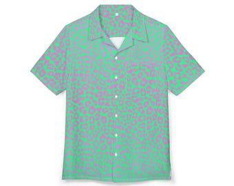 Neon Leopard Hawaiian Shirt Mens All Over Print Button Down Tropical Top