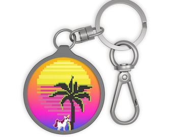 Retro Unicorn Sunset Keychain | Pixel Art Palm Tree Acrylic Charm, 80s Vaporwave Bag Tag, Colorful Round Key Ring