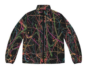Abstract Paint Splatter Puffer Jacket Unisex Black Quilted Winter Coat  Lightweight & Warm with Streetwear Edge