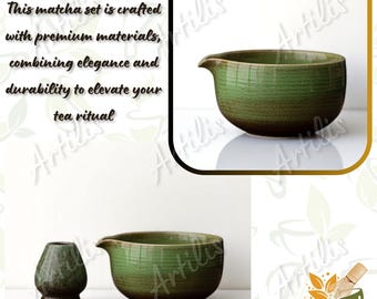 白い手作りの陶器製抹茶茶碗セット、竹製の茶筅と杓付き、日本の茶道愛好家への贈り物、白抹茶の儀式