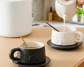 Ceramic Coffee Cup Saucer Set – Portable Latte & Afternoon Tea Mug for Couples, Handmade Minimalist Tableware for Home, Office Café Use