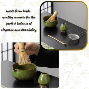 May include: A matcha tea set featuring a green ceramic bowl with a pouring spout, a green ceramic whisk holder, a bamboo whisk, a bamboo scoop, and a metal mesh strainer. The set includes tools for preparing traditional powdered green tea.
