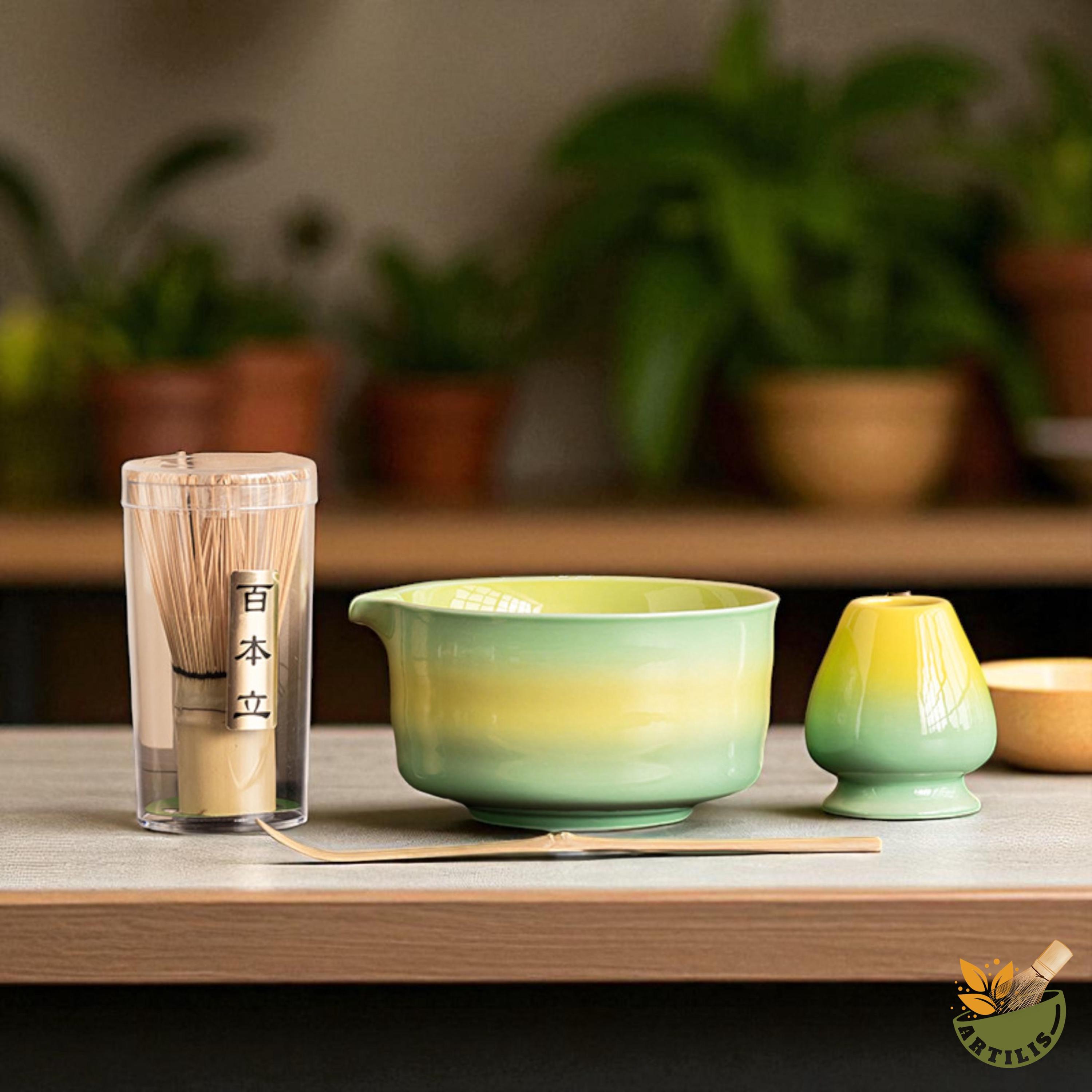 グラデーション抹茶ティーセット 陶器茶碗と茶筅立て 竹茶杓 日本茶道