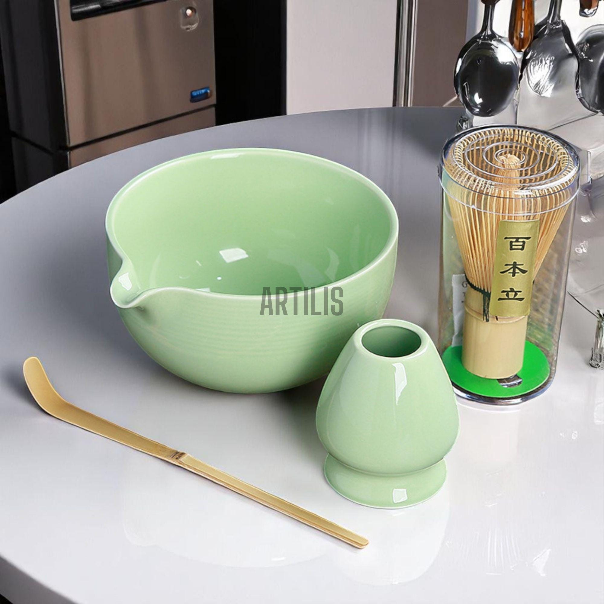 緑色の手作り陶器製抹茶碗セット、竹製の茶筅と茶杓付き、日本の茶道