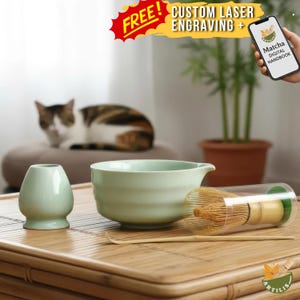 Juego de cuenco de cerámica verde hecho a mano para matcha, con batidor y cuchara de bambú, ceremonia del té japonesa, regalo para amantes del té.