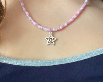 lilac Beaded Choker Necklace with Star Pendant – Handmade Pastel Jewelry