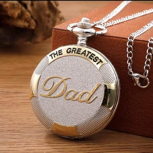 Engraved Pocket Watch for Dad - "The Greatest Dad" Quartz Fob Watch with Chain - Thoughtful Father's Day, Birthday, or Christmas Gift