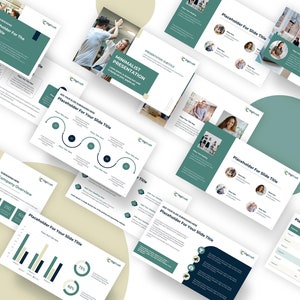 Puede incluir: Una plantilla de presentación con un diseño minimalista que presenta un esquema de color verde y blanco. La plantilla incluye varias diapositivas con texto de marcador de posición para títulos y contenido. Las diapositivas presentan gráficos, diagramas e imágenes.