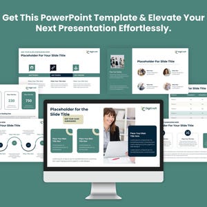 May include: A computer screen displaying a PowerPoint presentation template with a green and black color scheme. The template includes various slide layouts with placeholder text and graphics, such as charts, graphs, and images. The text on the screen reads "Get This PowerPoint Template & Elevate Your Next Presentation Effortlessly."