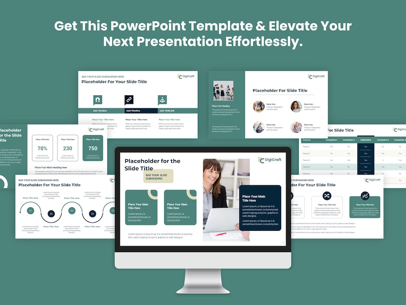 May include: A computer screen displaying a PowerPoint presentation template with a green and black color scheme. The template includes various slide layouts with placeholder text and graphics, such as charts, graphs, and images. The text on the screen reads "Get This PowerPoint Template & Elevate Your Next Presentation Effortlessly."