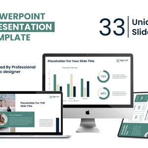 May include: A mockup of a PowerPoint presentation template with 33 unique slides. The template features a green and black color scheme with a modern design. The text "Placeholder for your slide title" is displayed on the screen.