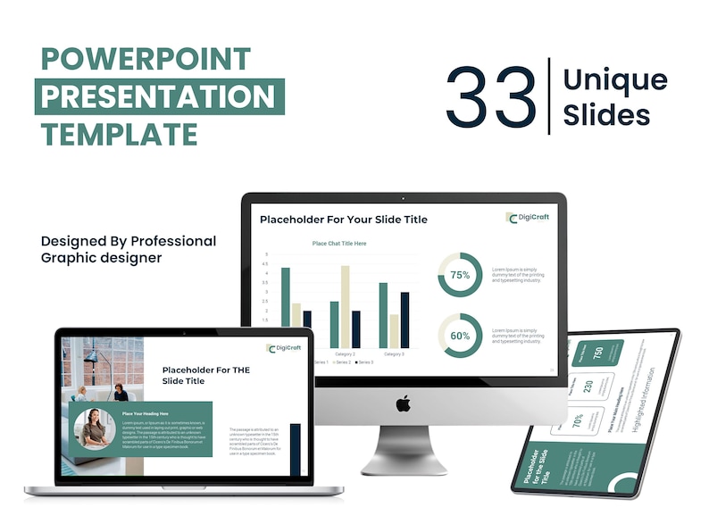 May include: A mockup of a PowerPoint presentation template with 33 unique slides. The template features a green and black color scheme with a modern design. The text "Placeholder for your slide title" is displayed on the screen.