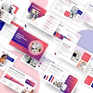 May include: A collection of presentation slides with a modern design. The slides feature a gradient color scheme of pink and purple, with text and images. Topics include business models, market insights, and company strategy.