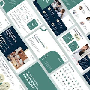 May include: A presentation template with a green and blue color scheme. The template includes a variety of slides with different layouts, including a title slide, a slide with a list of bullet points, a slide with a chart, and a slide with an image. The template also includes a set of icons that can be used to add visual interest to the slides.