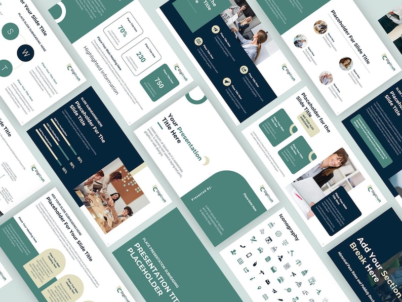 May include: A presentation template with a green and blue color scheme. The template includes a variety of slides with different layouts, including a title slide, a slide with a list of bullet points, a slide with a chart, and a slide with an image. The template also includes a set of icons that can be used to add visual interest to the slides.