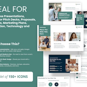 May include: A green and white presentation template with the text "Ideal For" and a list of uses for the template, including business presentations, investor pitch decks, proposals, reports, marketing plans, education, technology, and more. The template features a minimalist design with a bundle of 150+ icons.