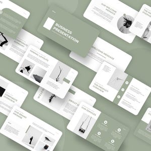 Puede incluir: Un conjunto de diapositivas de presentación de negocios con un diseño minimalista. Las diapositivas presentan una combinación de colores verde y blanco apagados con texto e imágenes en escala de grises. Las palabras "Business Presentation" son visibles.