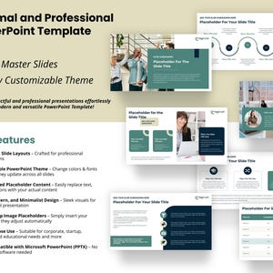 May include: A green and blue PowerPoint template with a minimalist design. The template features 30+ master slides, a fully customizable theme, and pre-designed placeholder content. The template is compatible with Microsoft PowerPoint (PPTX).
