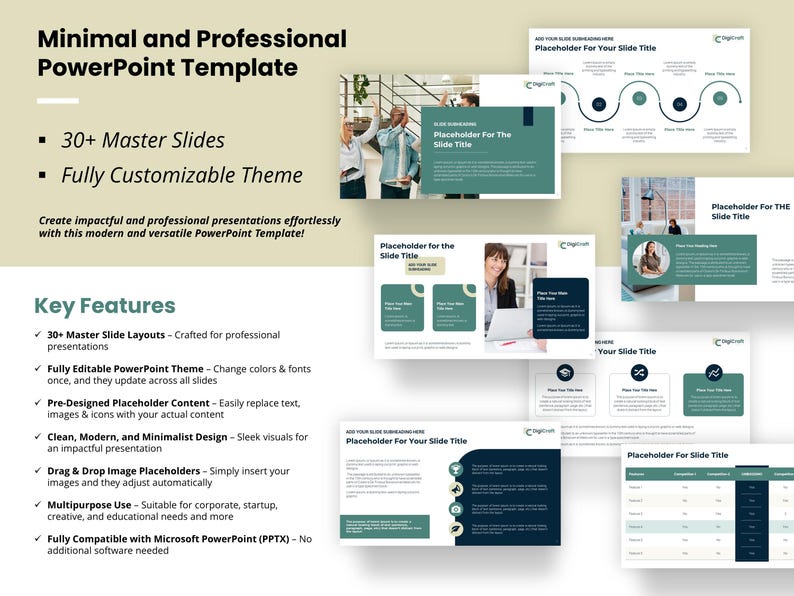 May include: A green and blue PowerPoint template with a minimalist design. The template features 30+ master slides, a fully customizable theme, and pre-designed placeholder content. The template is compatible with Microsoft PowerPoint (PPTX).