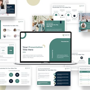 May include: A presentation template with a green and blue color scheme. The template includes a title slide, a slide with a chart, a slide with a SWOT analysis, and a slide with a timeline. The template is designed for use in business presentations.