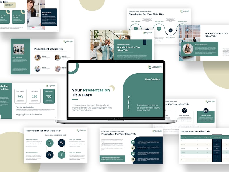 May include: A presentation template with a green and blue color scheme. The template includes a title slide, a slide with a chart, a slide with a SWOT analysis, and a slide with a timeline. The template is designed for use in business presentations.