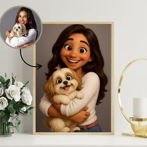 Personalized Digital Portrait of Pet Owner and Pet – Custom Cartoon Style Illustration, Unique Pet Lover Gift, Instant Download