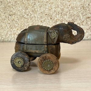 Vintage Indian Wooden Elephant Box/ Trinket Box On Wheels